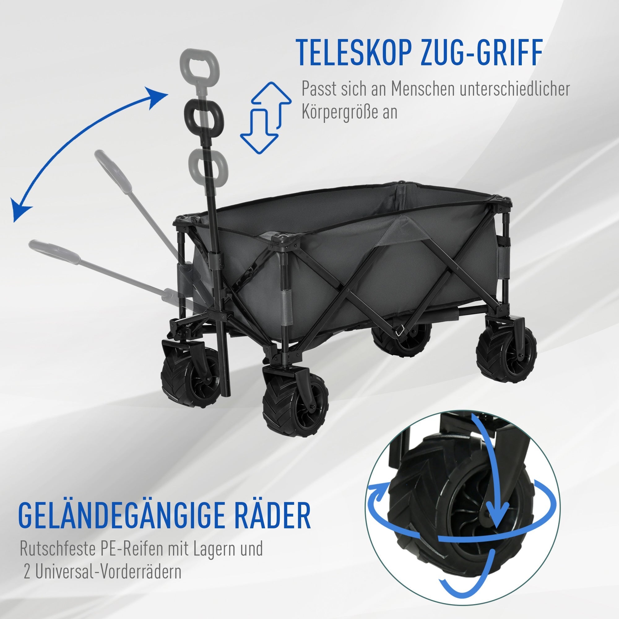 Handcart, Foldable 360° Garden Cart with Telescopic Handle, Grey