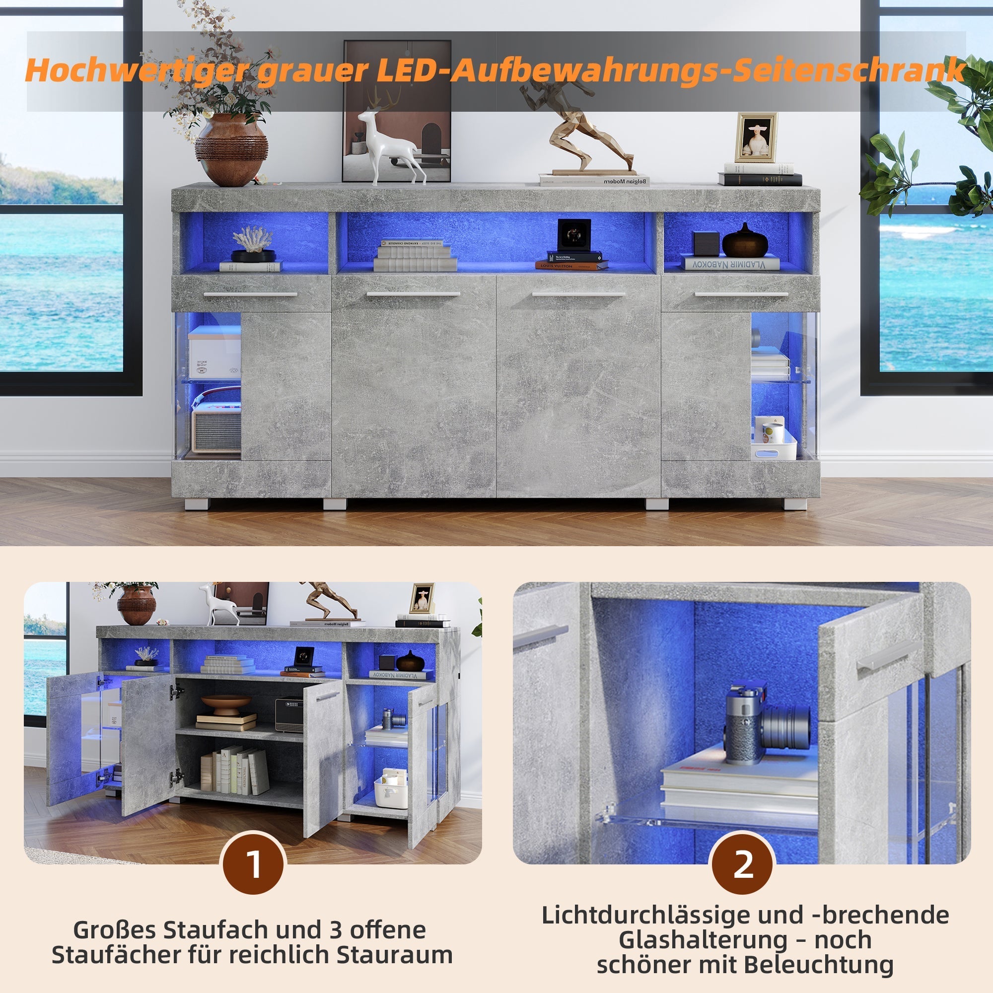 Sideboard Cabinet High-Gloss LED Light Tempered Glass 3 Compartments, Cement-colored