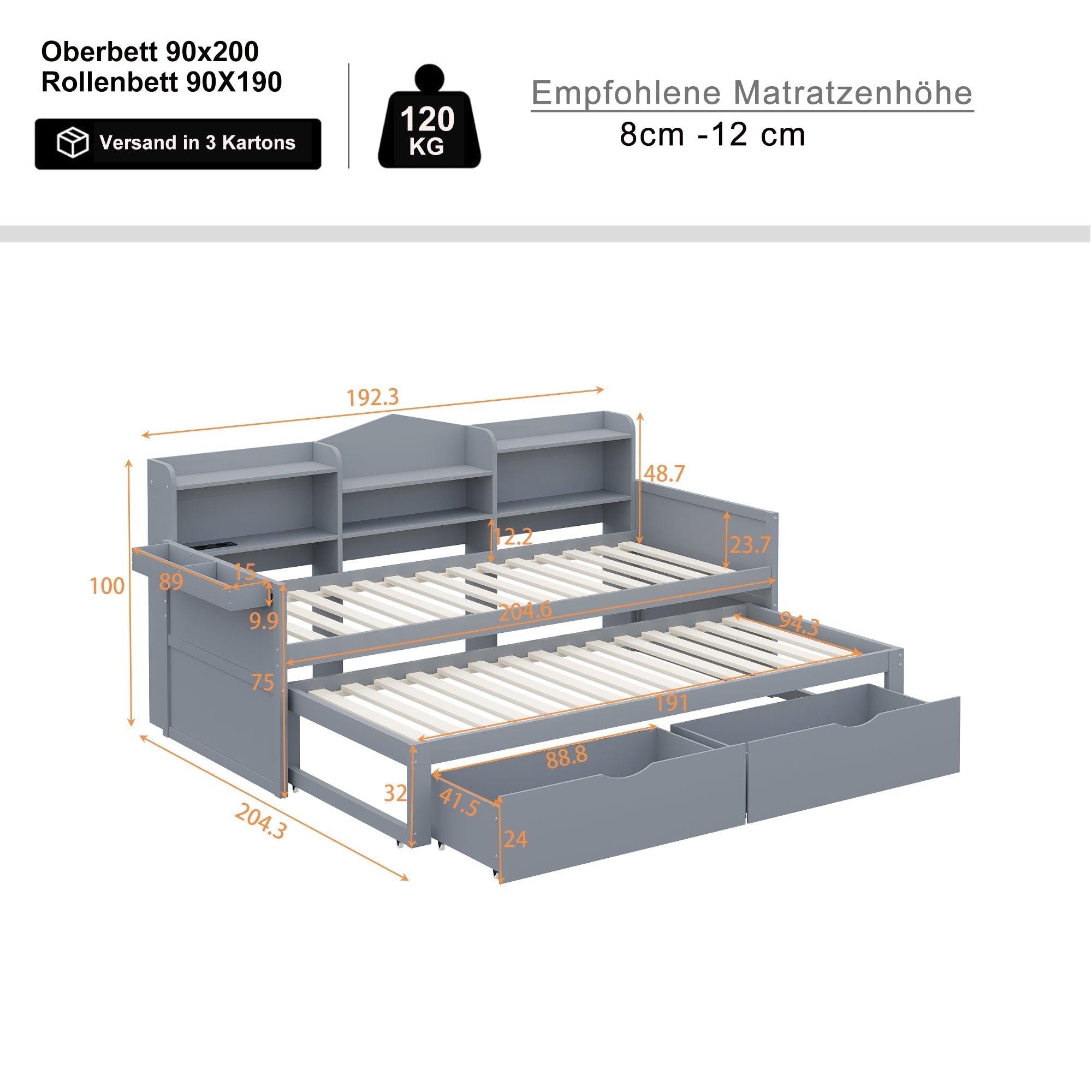 Sofa bed 90*200 with Pull-Out Bed, Drawers & USB Socket, Wood, Gray