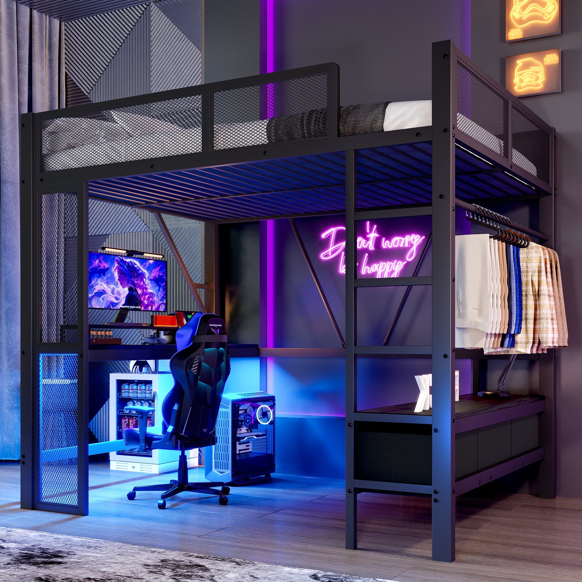 Metal Play Loft Bed with USB, LED, Desk and Wardrobe, 140x200cm, Black Metal