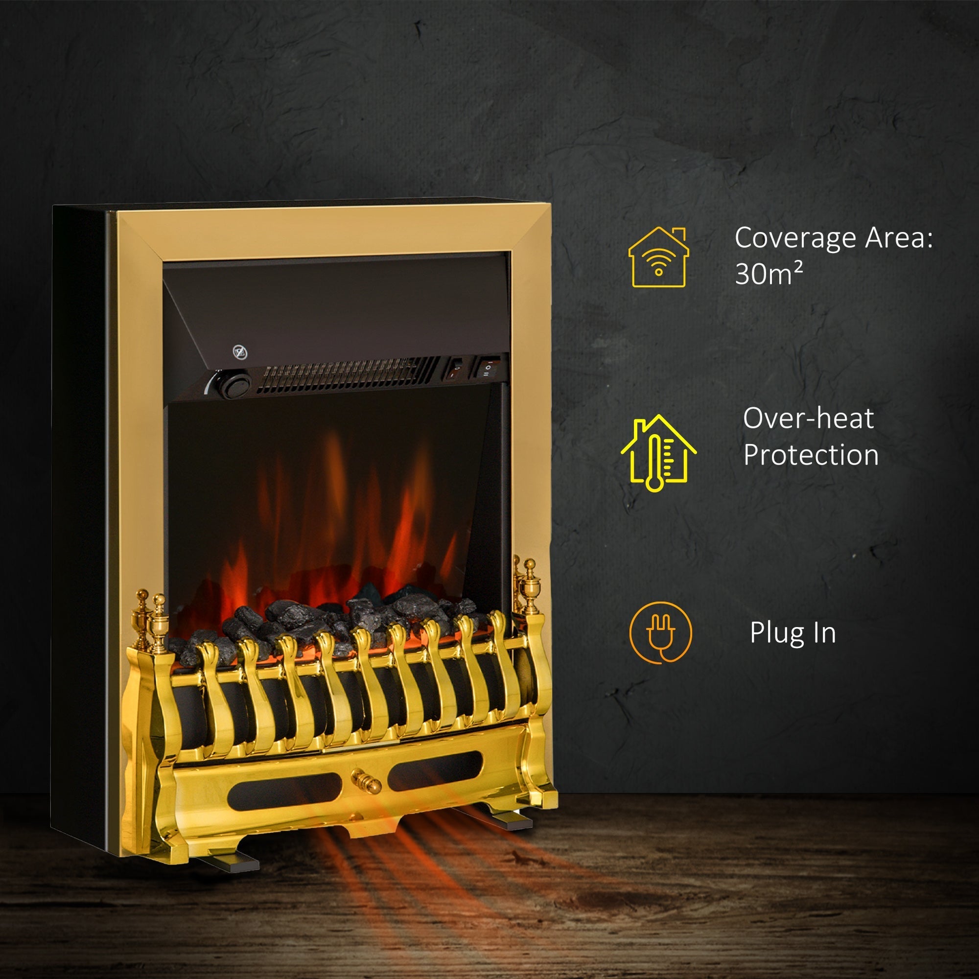Electric Fireplace, Freestanding Flame Effect 1000/2000W, Gold