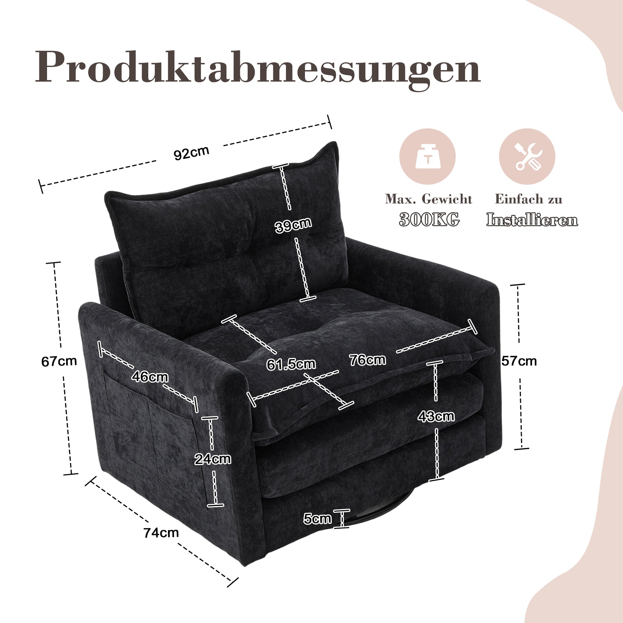 Lounge Chair, 360° Rotating, Armrests, Single Sofa, Modern Style, Cushions