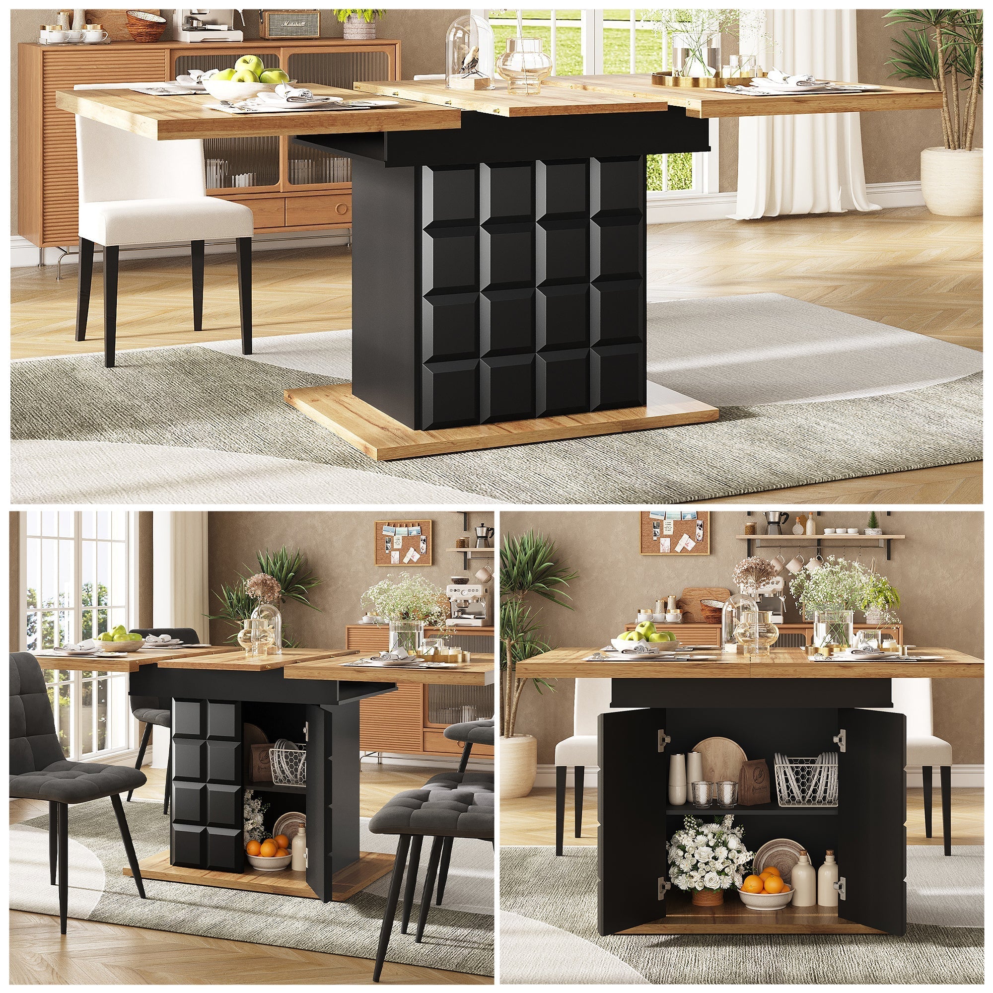 Telescopic Dining Table, Foldable & Extendable, Space-Saving, Checked Pattern