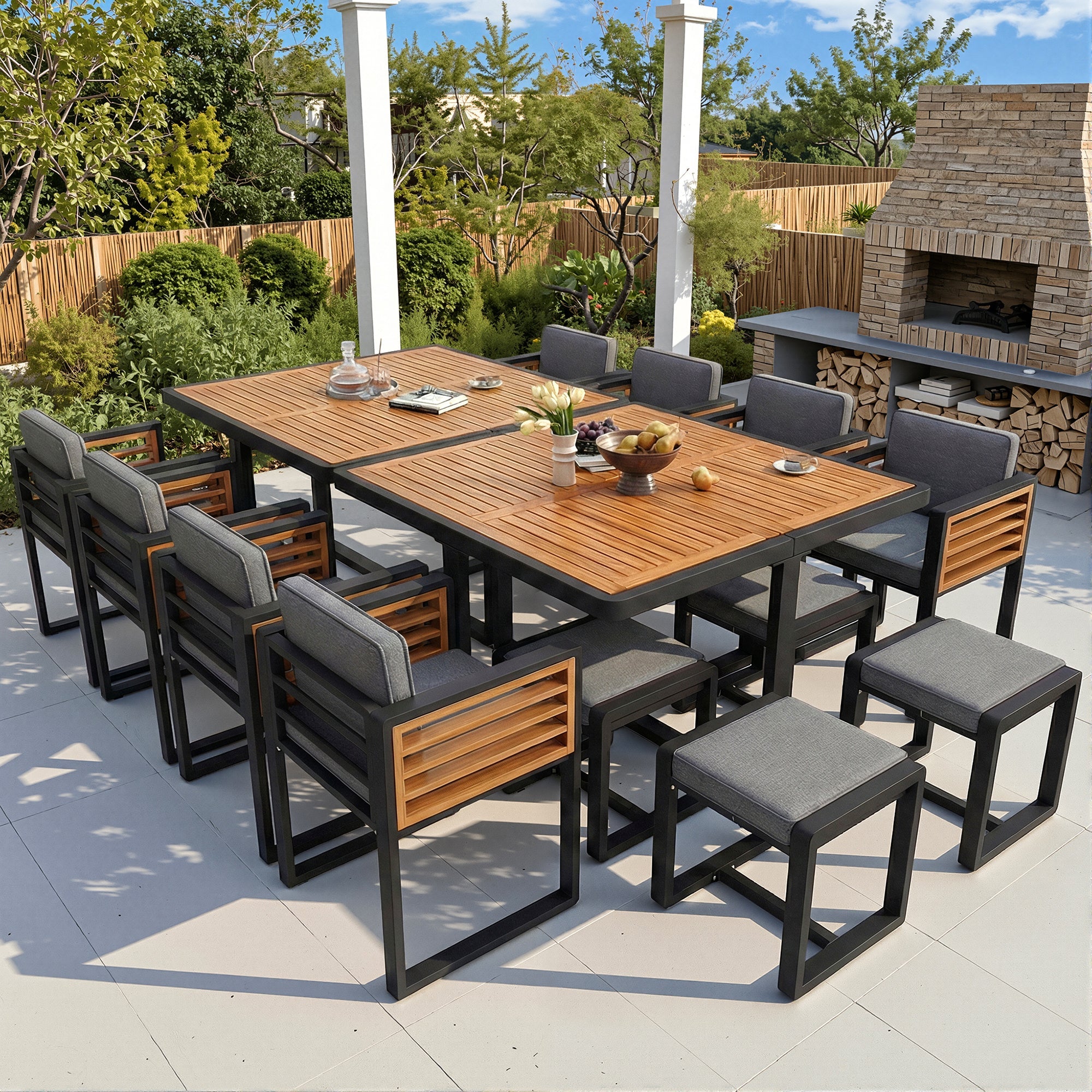 Garden Furniture Set with 12 Chairs and Dining Table, Solid Wood Tabletop