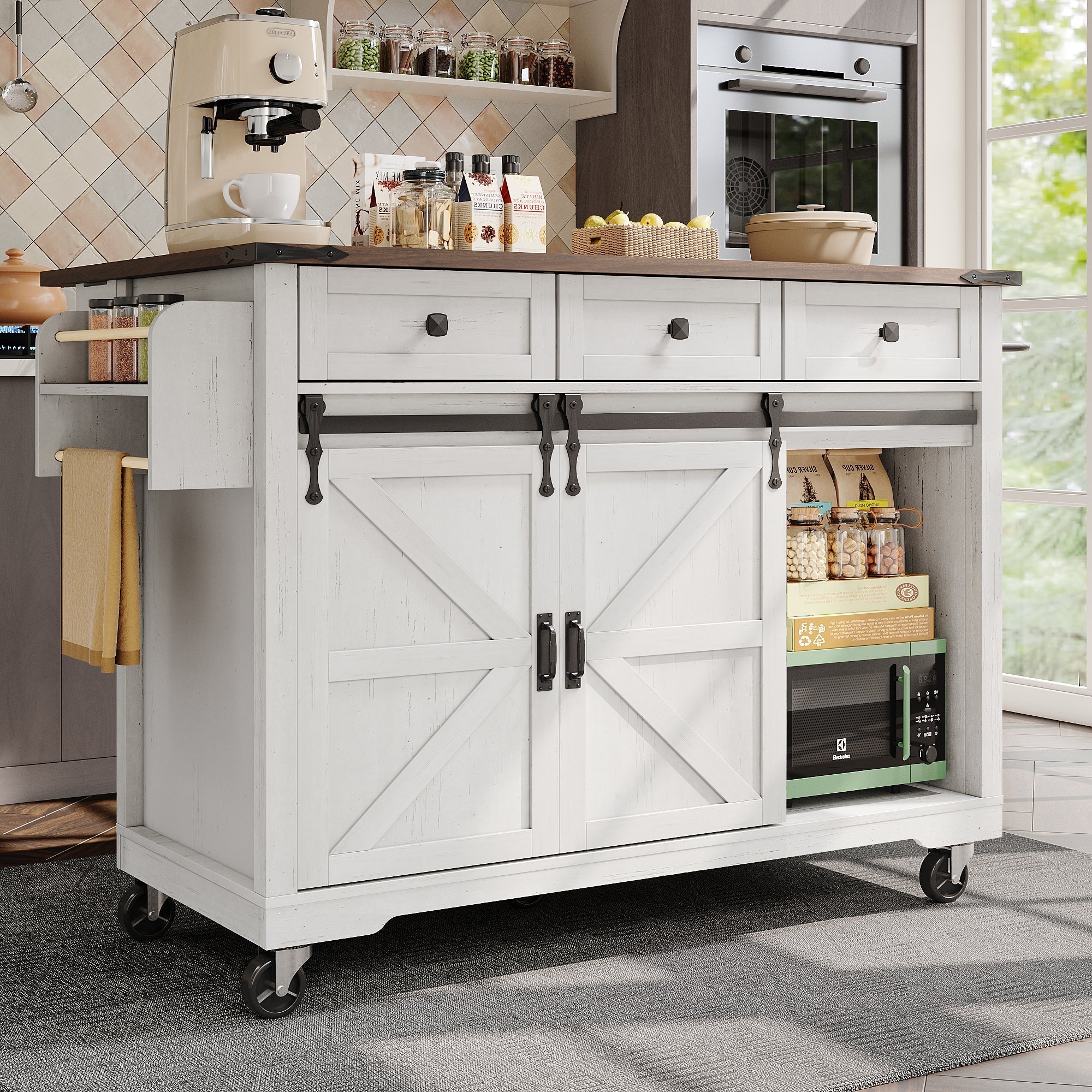 Kitchen Island Serving Cart with Extendable Worktop and 3 Drawers, Wood Grain