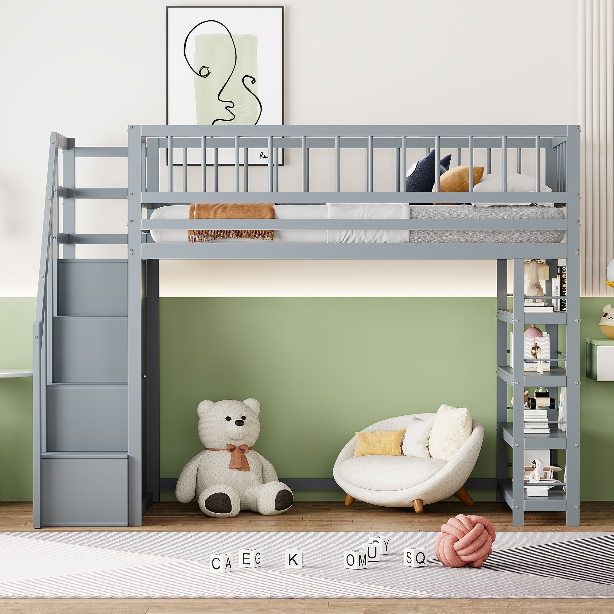 Loft Bed, 90 x 200, Wardrobe, Shelves, Storage, Safety Ladder, Solid Wood, Grey