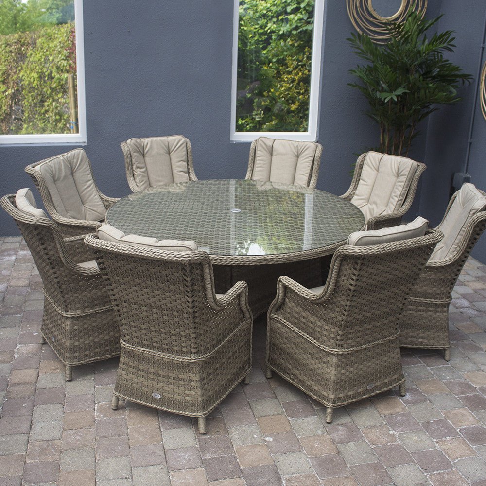 Hampton - 8 Seat Set with 165cm Round Table (Sand Colour Cushions) - Rathwood Store