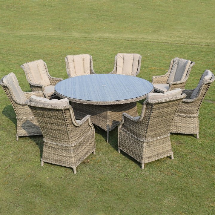 Hampton - 8 Seat Set with 165cm Round Table (Sand Colour Cushions) - Rathwood Store