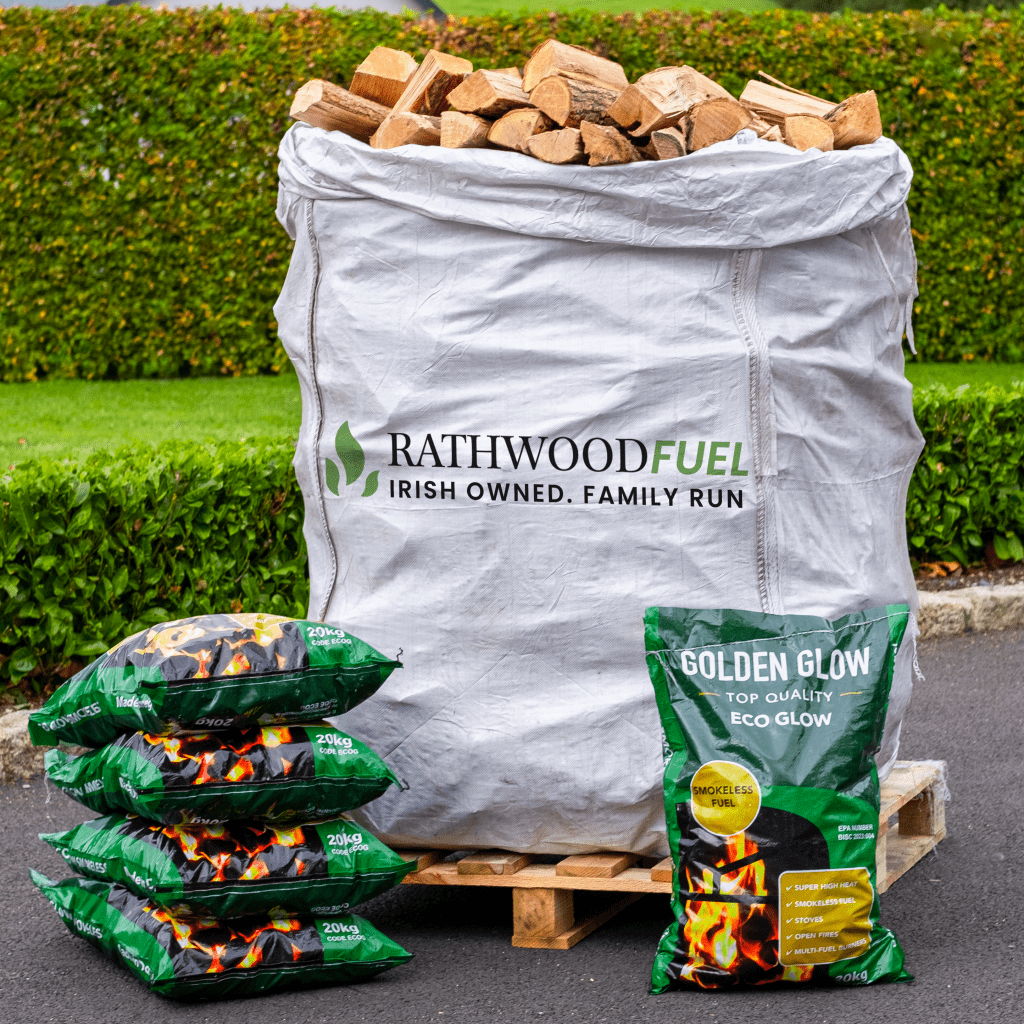 Hardwood Kiln - Dried Firewood XXL Bulk Bag 2.1m³ with 5 x 20kg Eco Glow Coal Bundle - Rathwood Store