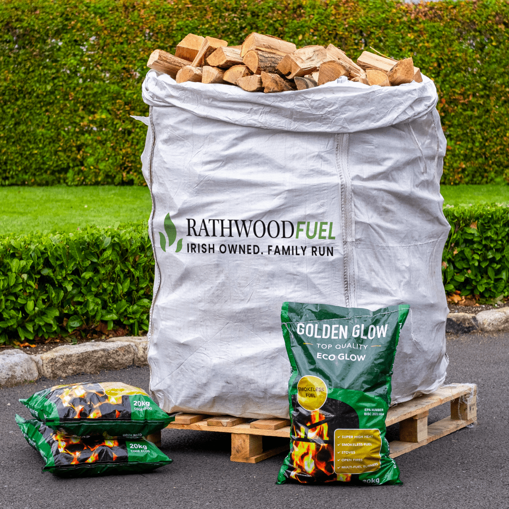 Hardwood Kiln - Dried Firewood XXL Large Bulk Bag 2.1m³ with 3 x 20kg Eco Glow Coal Bundle - Rathwood Store