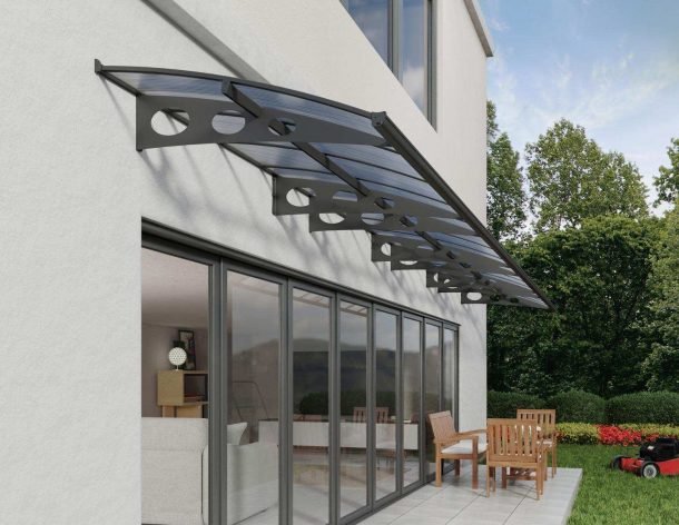 Herald 5 ft. x 29 ft. Door Awning Kit - Grey Structure & Twin Wall Panels - Rathwood Store