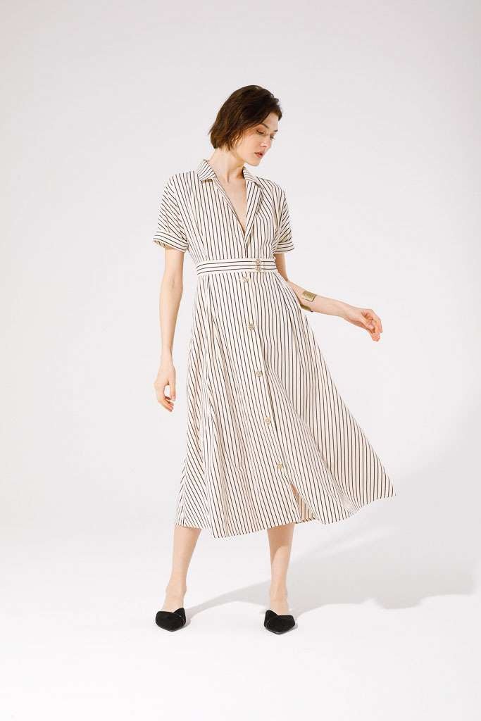 Marinetta Dress SS25 - Beige/Black Stripe - Rathwood Store