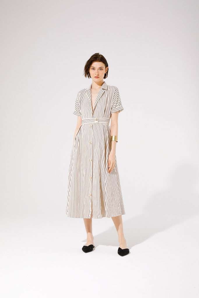 Marinetta Dress SS25 - Beige/Black Stripe - Rathwood Store
