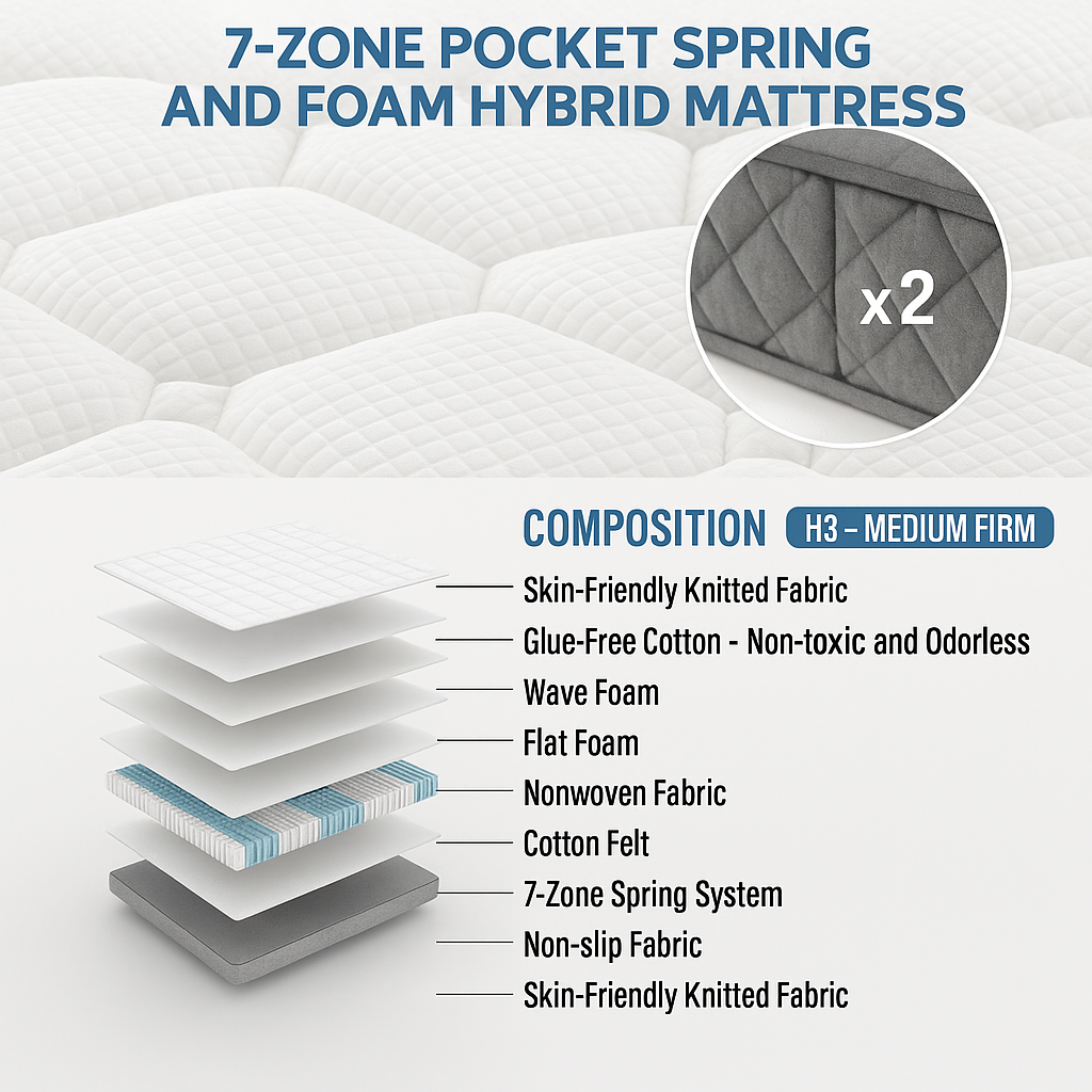 Orthopedic cold foam mattress 120x200 cm 7-zone pocket spring core H3 medium firm OEKO-TEX certified 20 cm height 4 handles vacuum packed