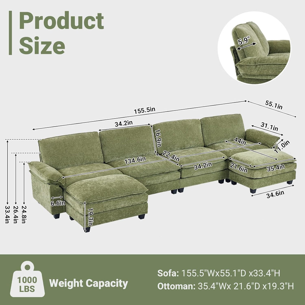 Modular U - Shaped Sofa with Ottoman - Olive Green - Rathwood Store