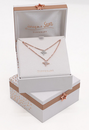 Double Floating Pave Star Necklace - Rose Gold