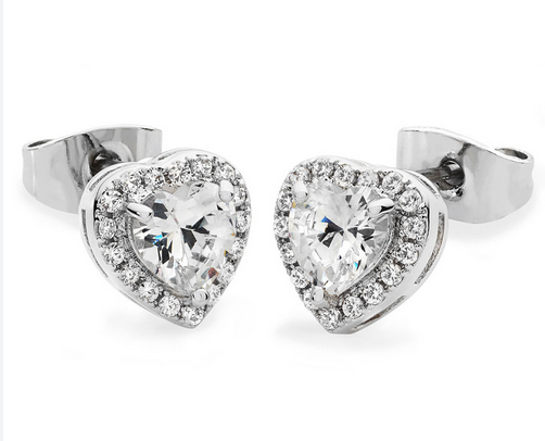 Diamante Heart Stud Earrings - Silver