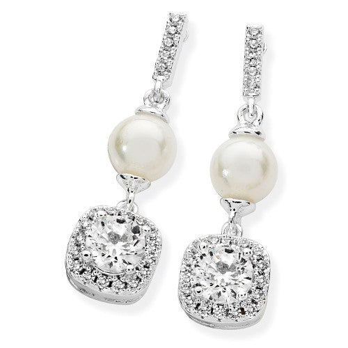 Silver Pearl Bar CZ Drop Earrings