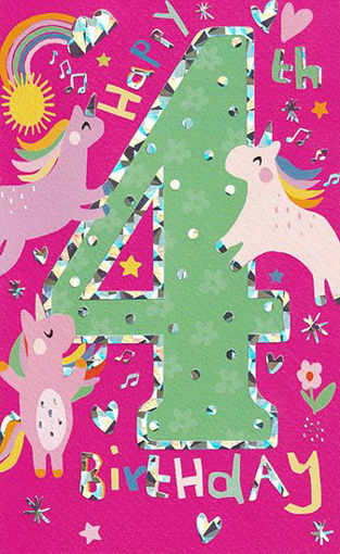 Birthday Card - Age 4 Unicorns Pink