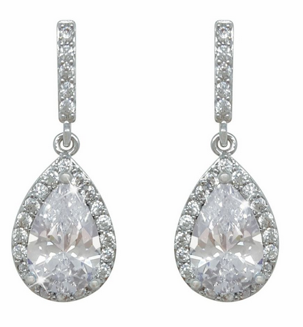 Silver Pear Earrings - White