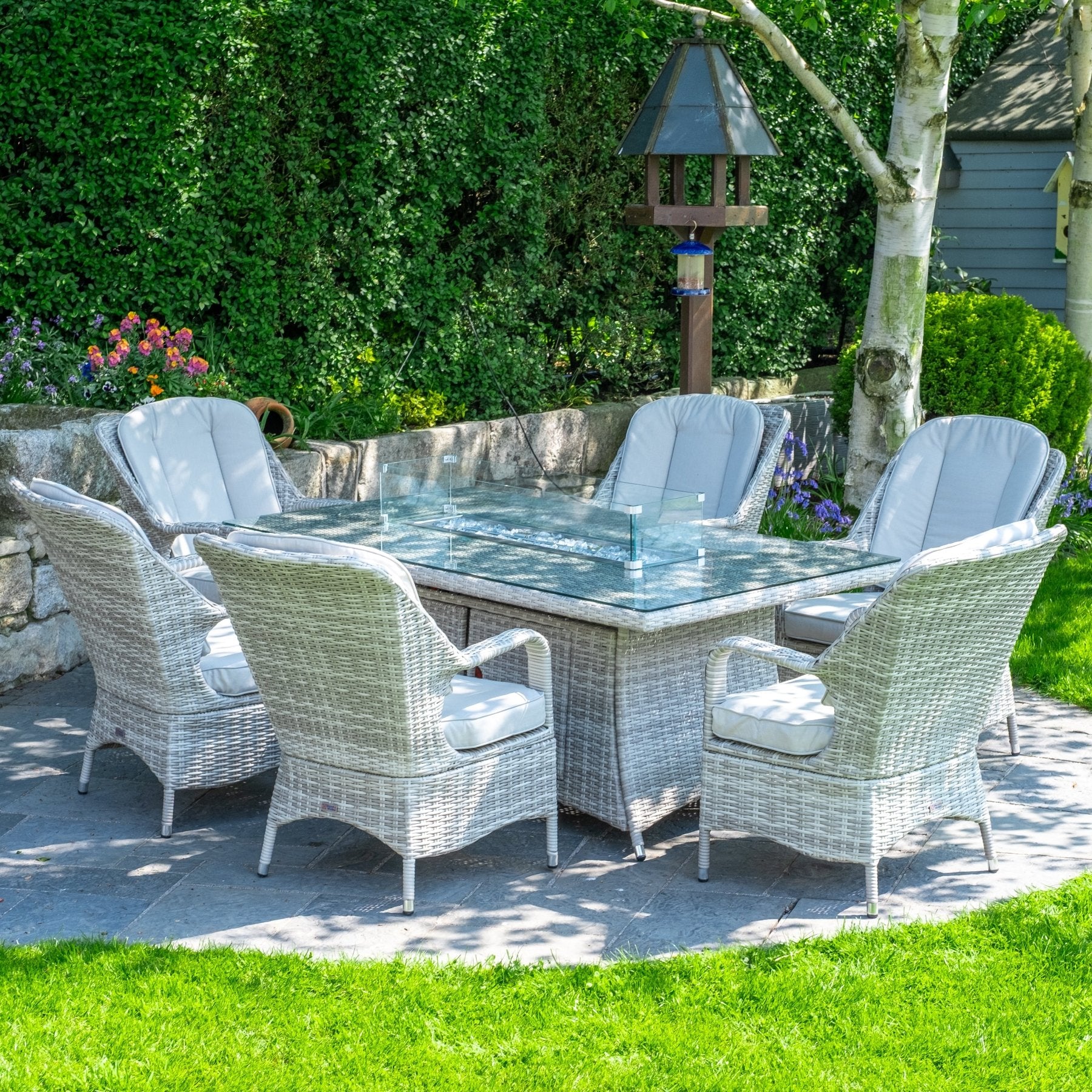 Parma - 6 Seater Set with Rectangular Firepit Table (White Washed) - Rathwood Store