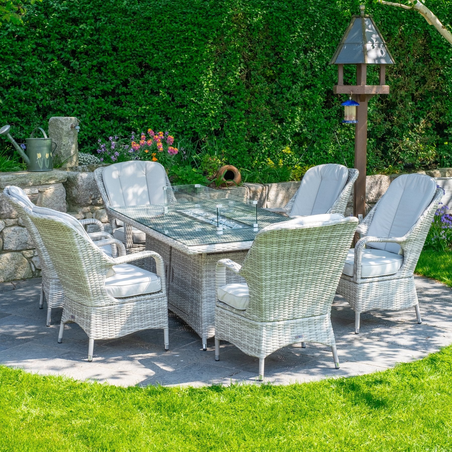 Parma - 6 Seater Set with Rectangular Firepit Table (White Washed) - Rathwood Store