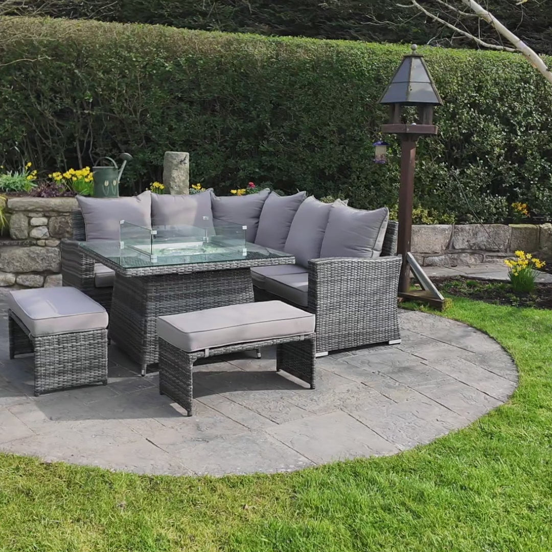 Load video: Parma - Corner Sofa Set with Square Firepit Table (Grey)