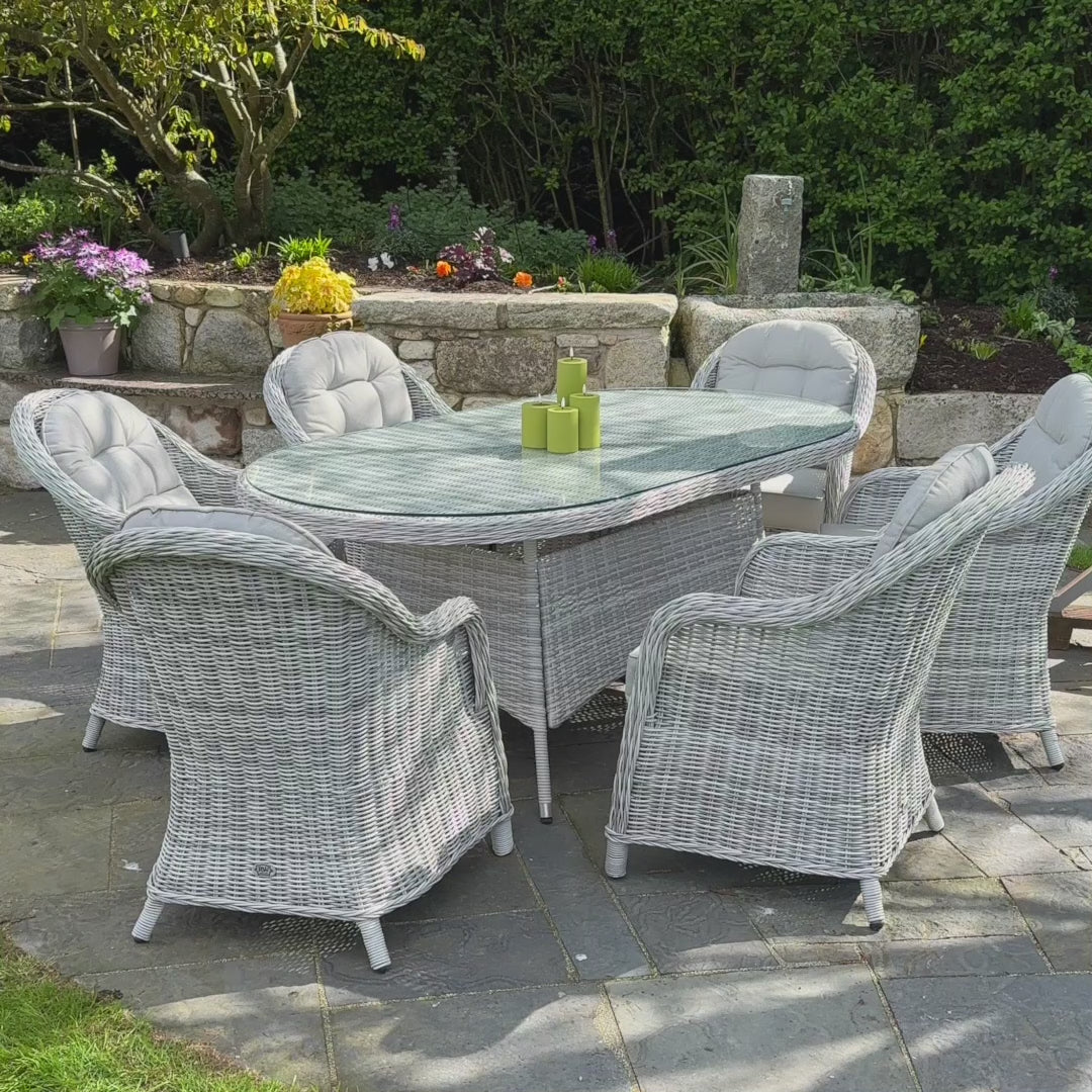 Load video: Sepino - 6 Seater Set with Oval Table &amp; Lazy Susan (Light Grey)