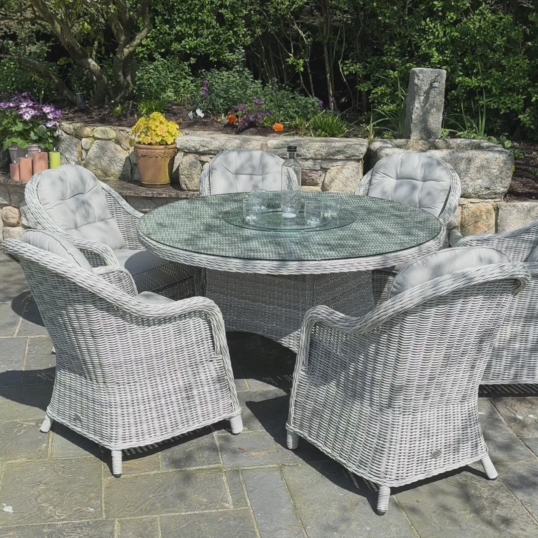 Load video: Sepino - 6 Seater Set with Round Table &amp; Lazy Susan (Light Grey)