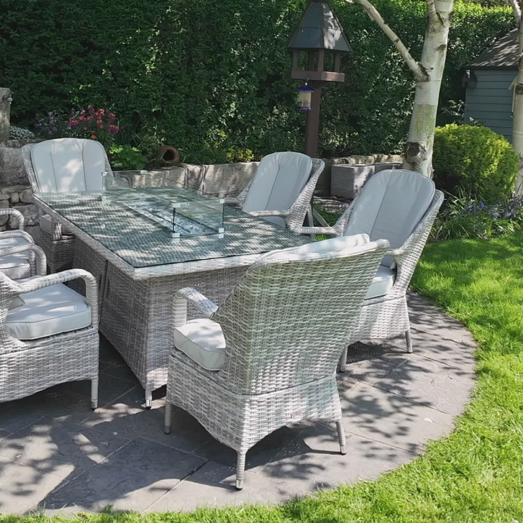 Load video: Parma - 6 Seater Set with Rectangular Firepit Table (White Washed)