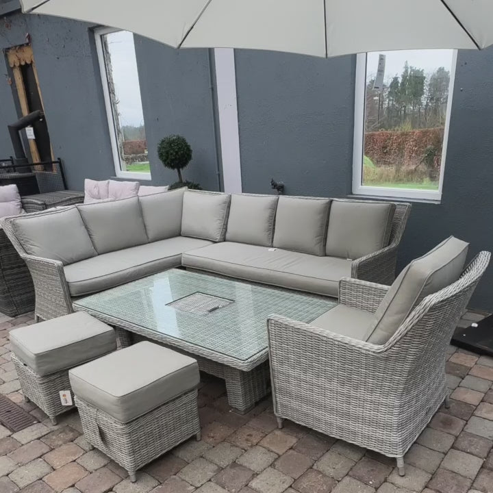 Load video: Barcelona - Corner Sofa Set with Rectangular Rising Table &amp; Ice Bucket (Grey)