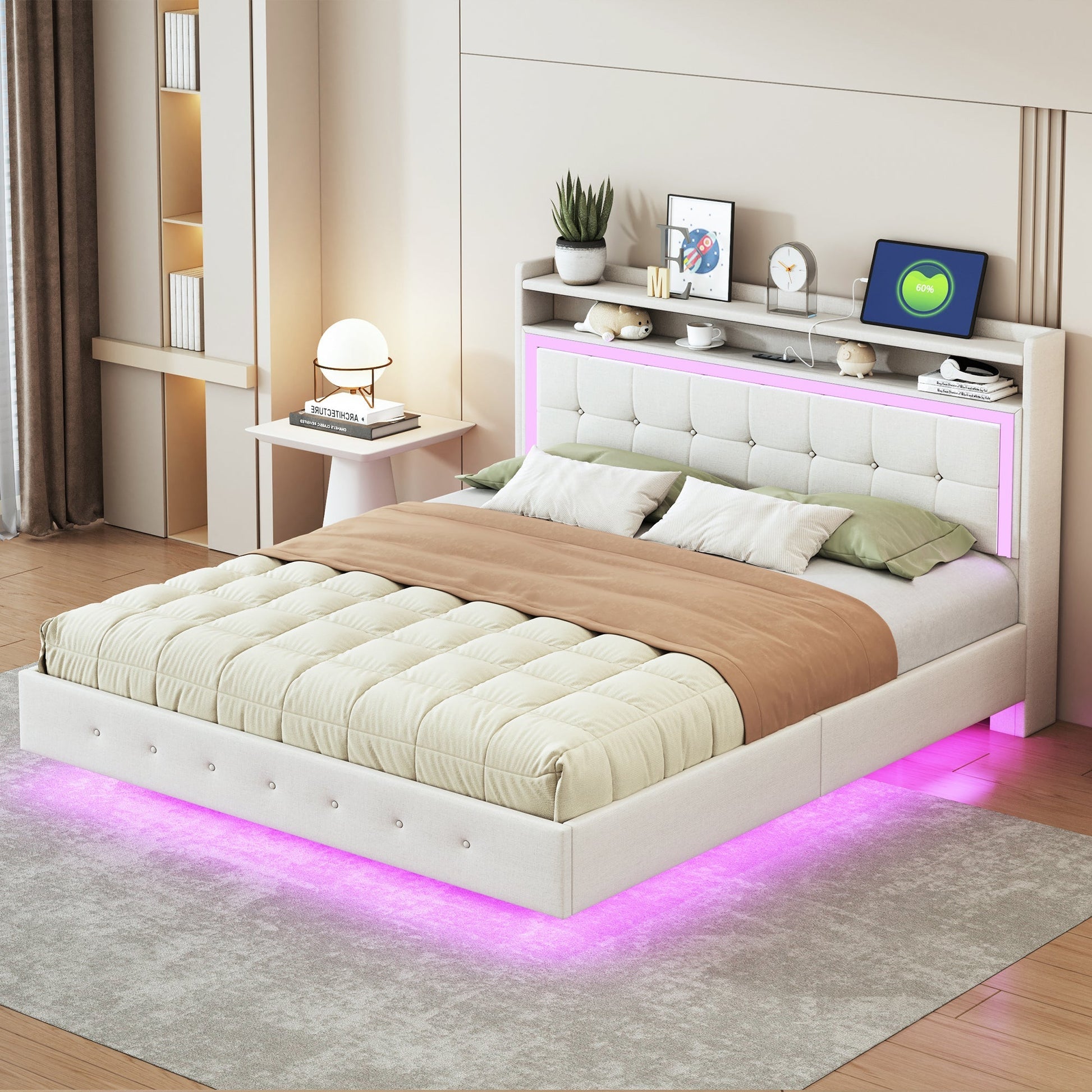 Modern bedroom with a bed featuring LED lighting, nightstands, and decor.