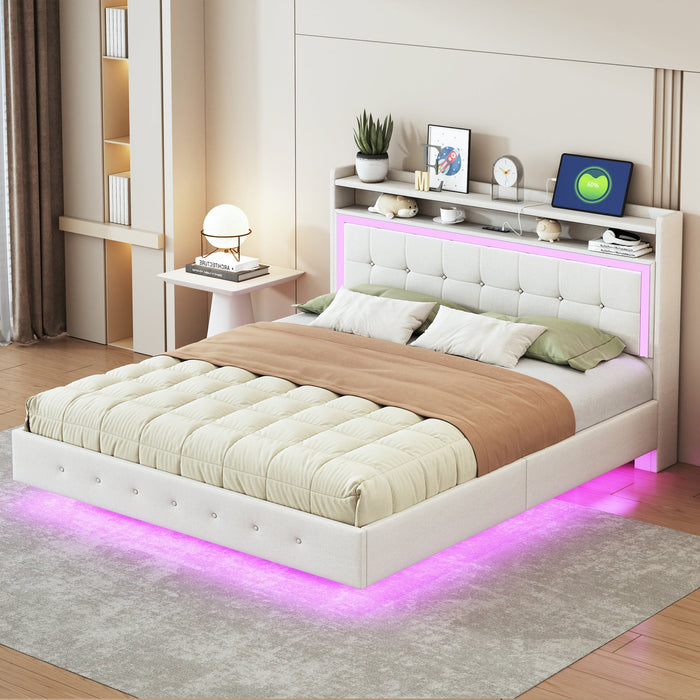 Modern bedroom with a bed featuring LED lighting, nightstands, and decor.
