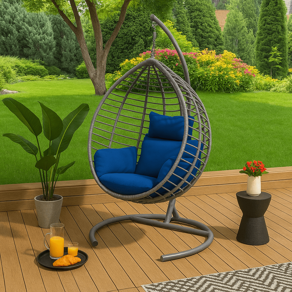 Rathwood Single Pod Hanging Chair - Grey with Blue Cushion - Rathwood Store