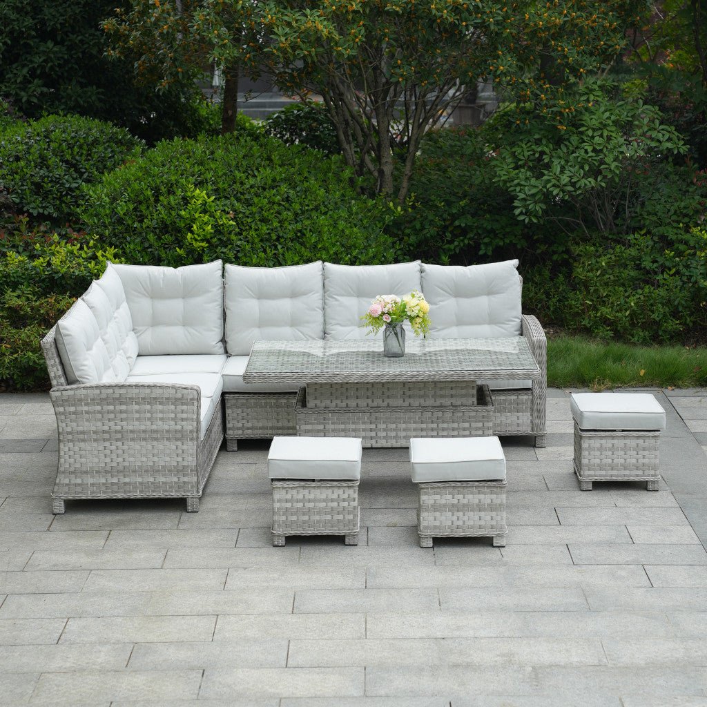 Ravenna - Corner Sofa Set with Rectangular Rising Table (White Washed) - Rathwood Store