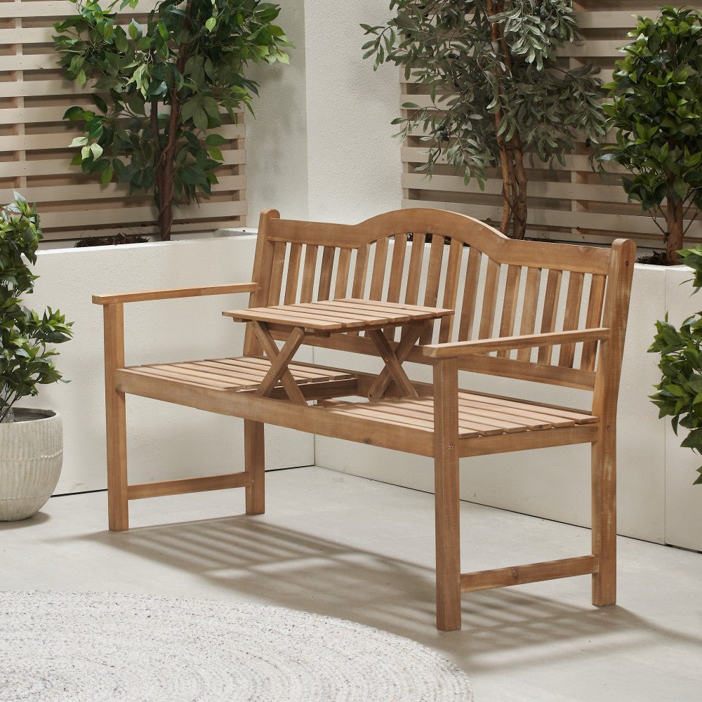 Richmond Light Teak Outdoor Bench with Pop Up Table - Rathwood Store