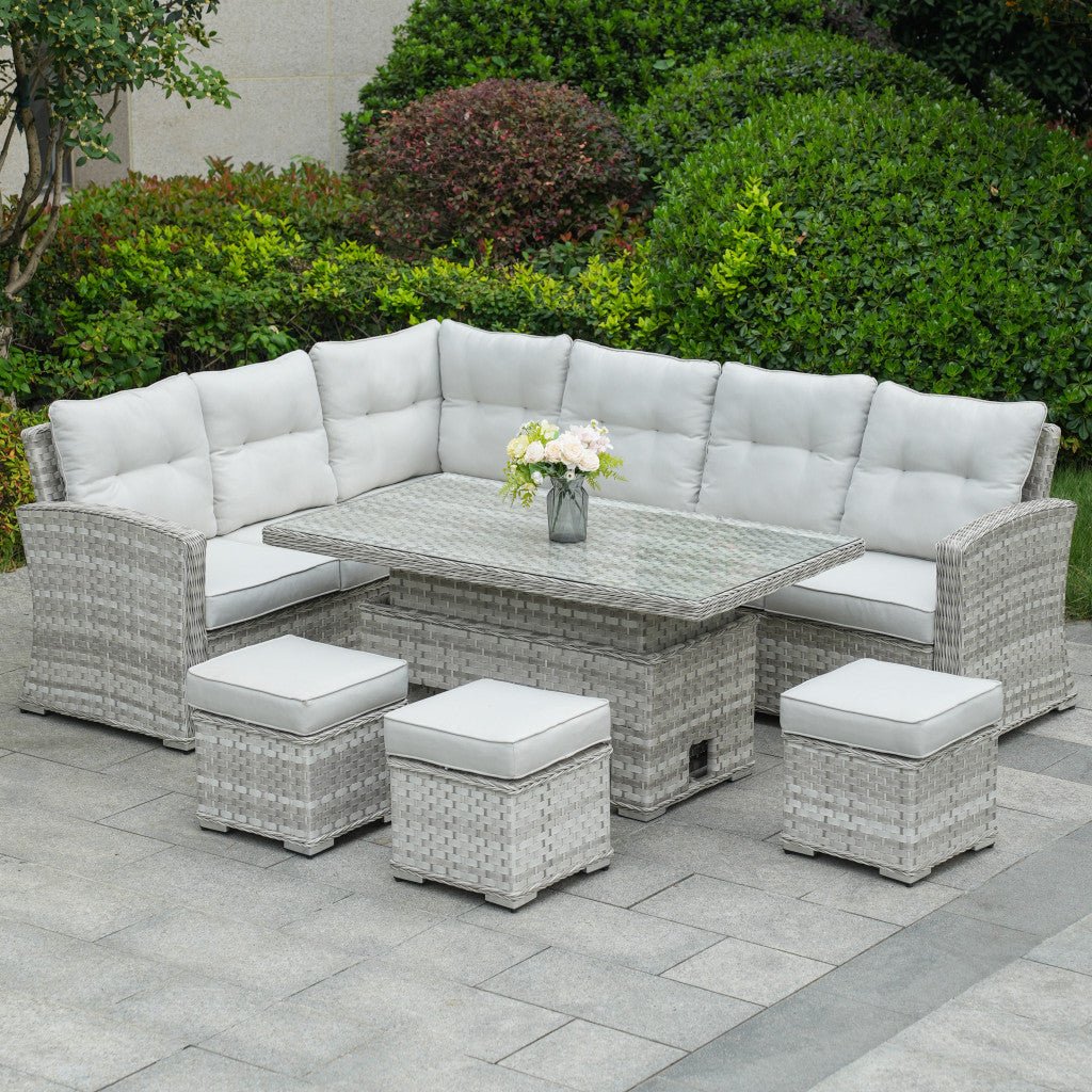 Rimini - Corner Sofa Set with Rectangular Rising Table (White Washed) - Rathwood Store