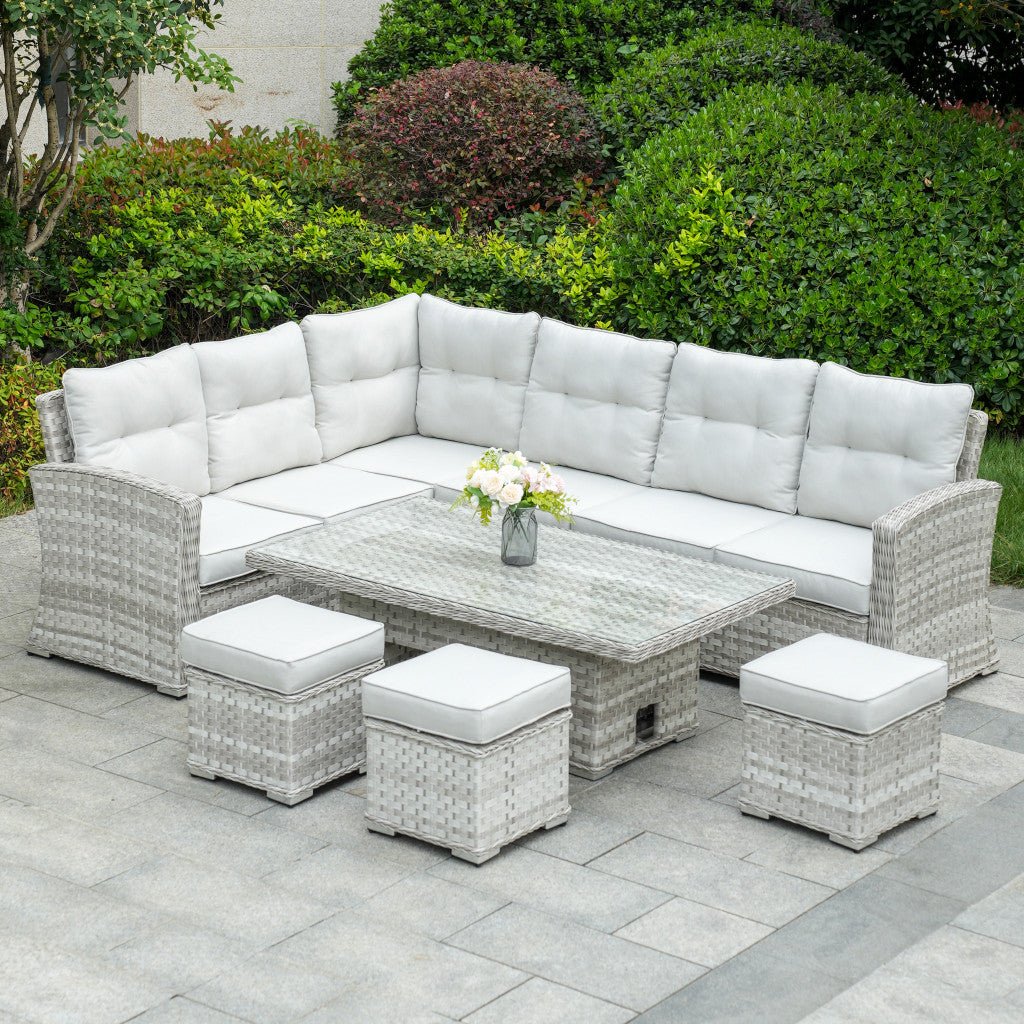 Rimini - Corner Sofa Set with Rectangular Rising Table (White Washed) - Rathwood Store