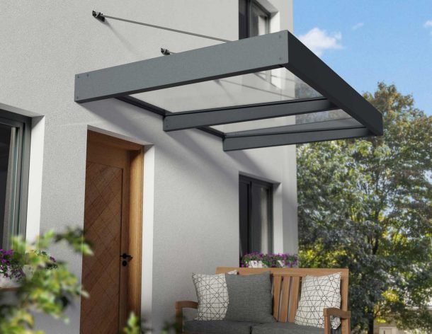 Sophia XL 5 ft. x 7 ft. Door Awning Kit - Grey Structure & White Panels - Rathwood Store