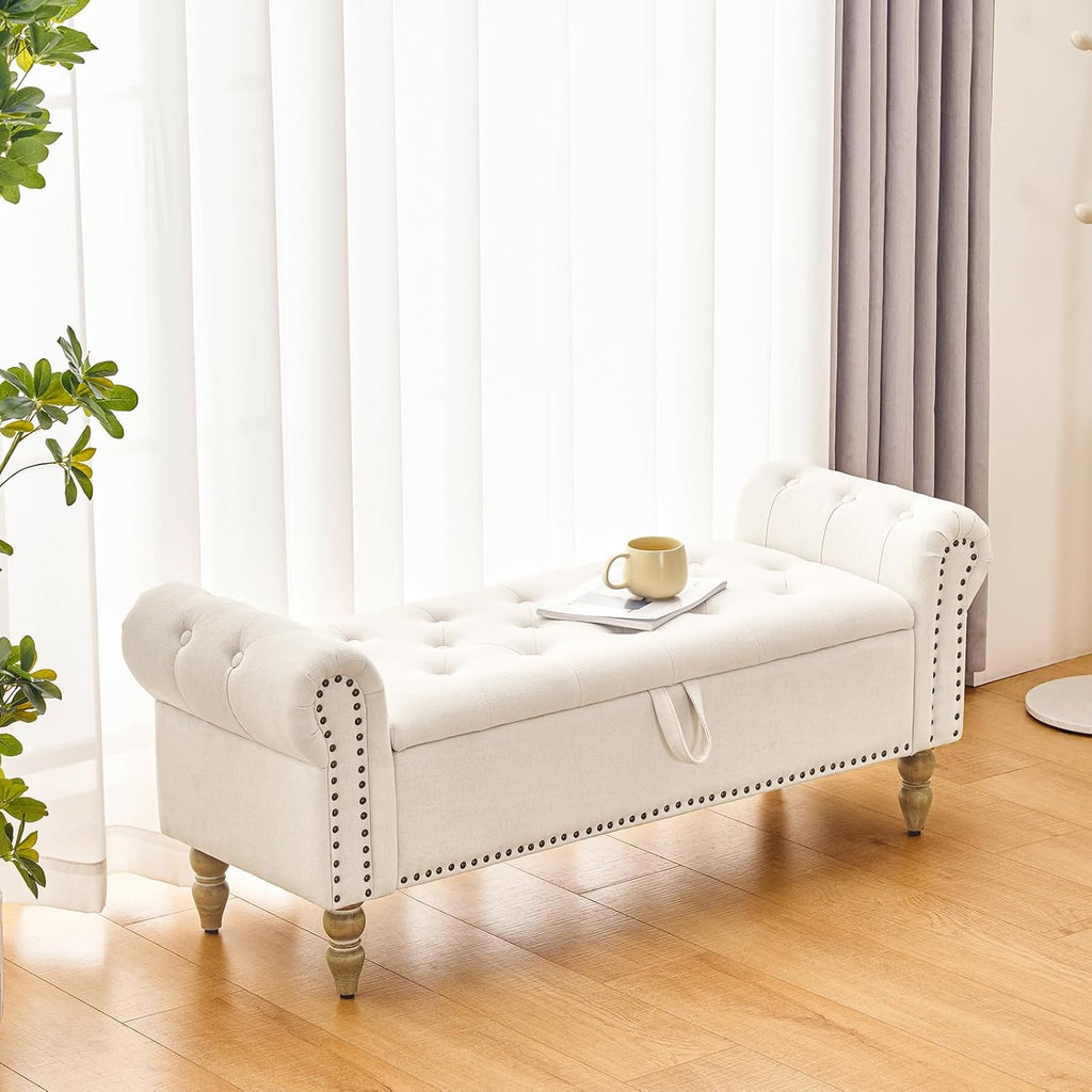 Storage Ottoman with Armrests - Faux Linen Beige - Rathwood Store