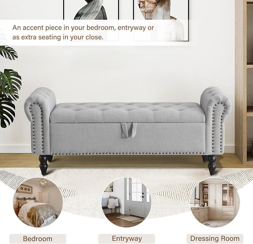 Storage Ottoman with Armrests - Faux Linen Light Grey - Rathwood Store
