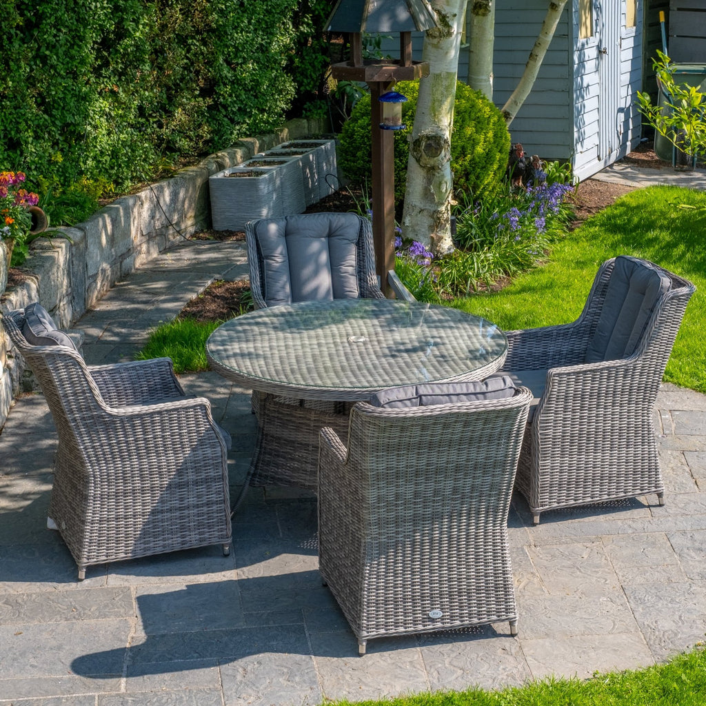 Yale - 4 Seat Set with 120cm Round Table (Grey Cushions) - Rathwood Store