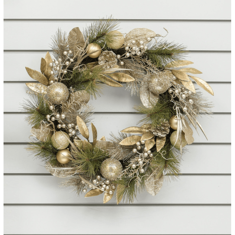 60cm Glitter Mixed Leaf Wreath Champagne - Rathwood Store