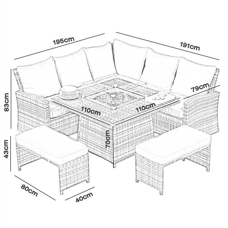 Parma - Corner Sofa Set with Square Firepit Table (Grey) - Rathwood Store